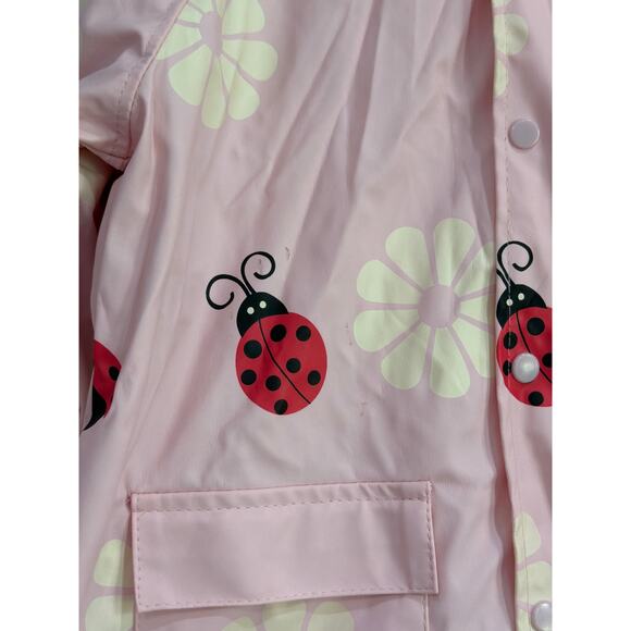 FoxFire For Kids Rain Jacket Coat 4T Pink Childrens Ladybug Daisies Lined Hooded - Picture 2 of 6
